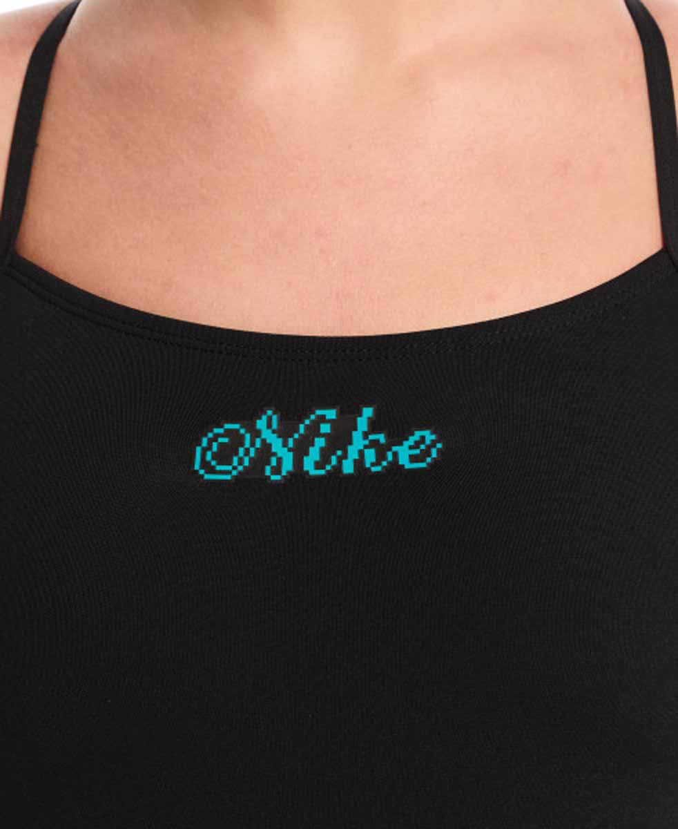Nike Women's Hydrastrong logo graphic black one-piece swimsuit with adjustable crossback and cursive design.