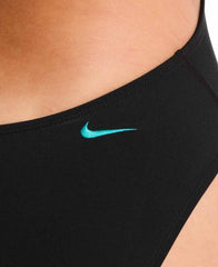 Nike women's Hydrastrong logo graphic black one-piece swimsuit with adjustable crossback and cursive design, perfect for swimming.
