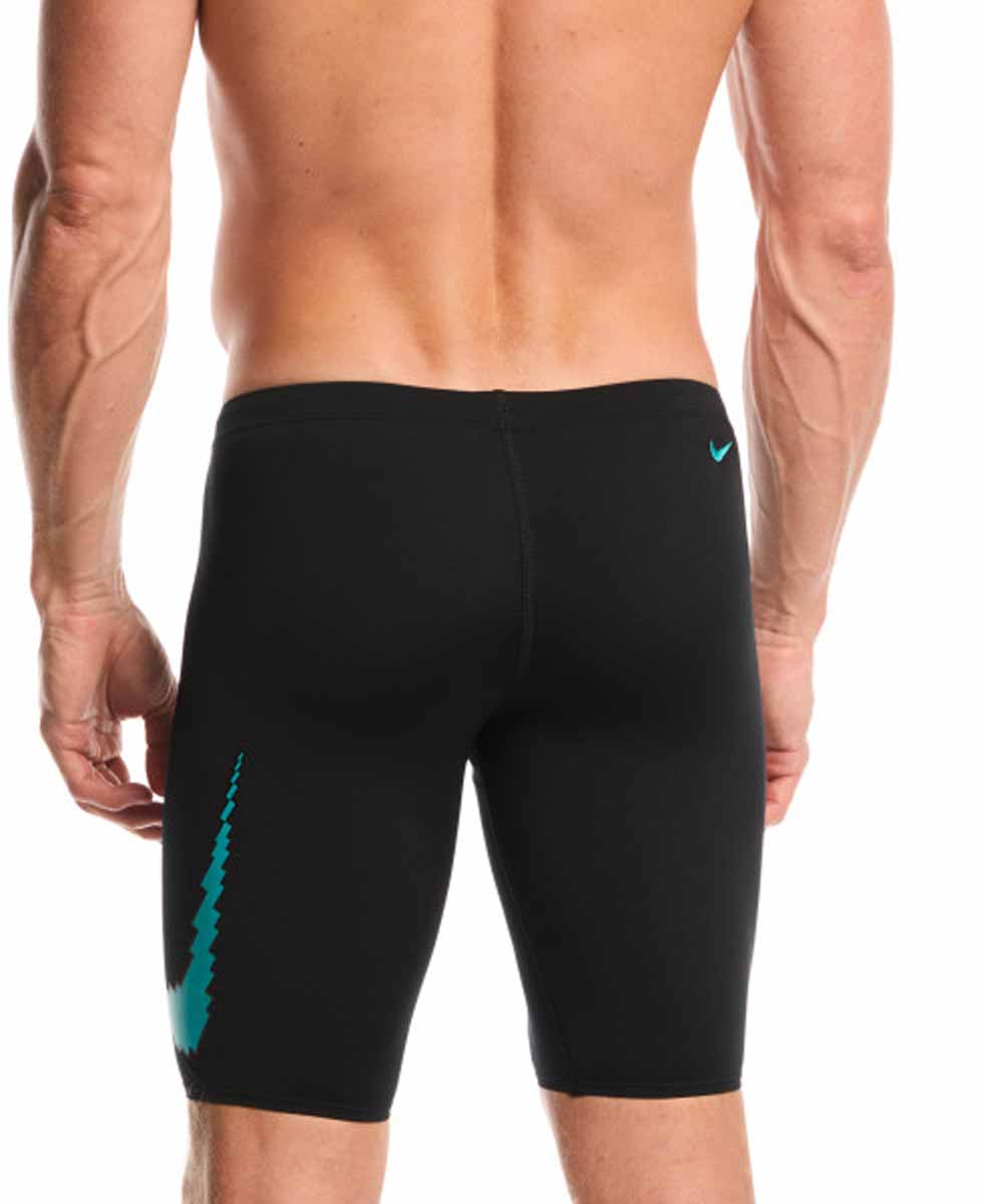 Nike men's Hydrastrong Graphic Jammer in Jet Black and Energy, featuring a sleek design and athletic fit for swimming.