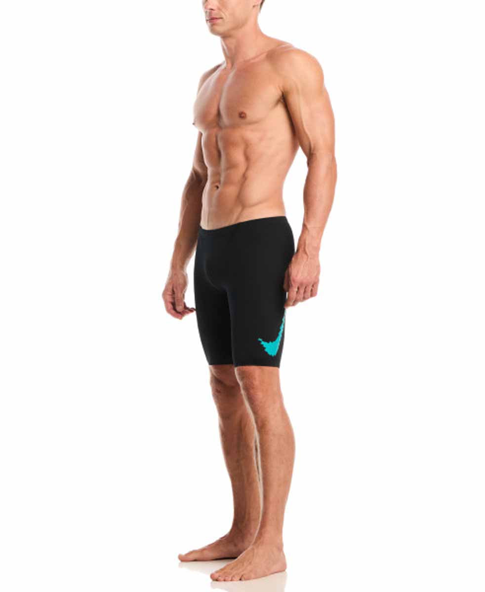 Nike men's Hydrastrong graphic jammer in jet black and energy color, featuring a sleek design for competitive swimming.