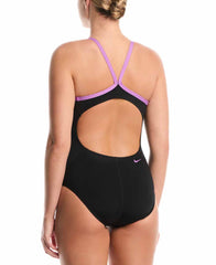 Nike Hydrastrong JDI logo graphic racerback one-piece swimsuit in jet black and purple with cursive design and low-leg cut.