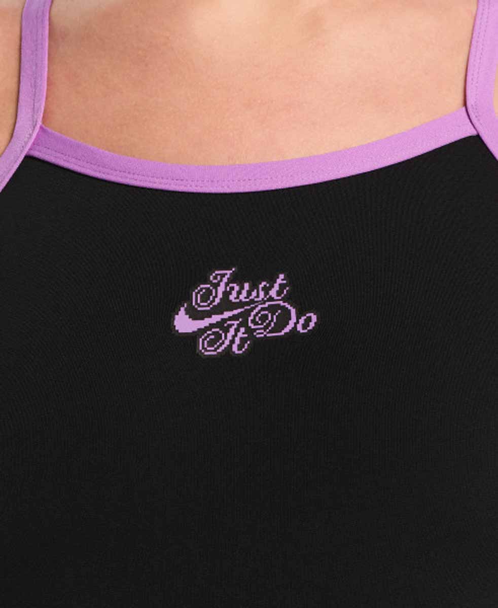 Nike Hydrastrong JDI Logo graphic racerback swimsuit in jet black and purple with cursive design and low-leg cut.