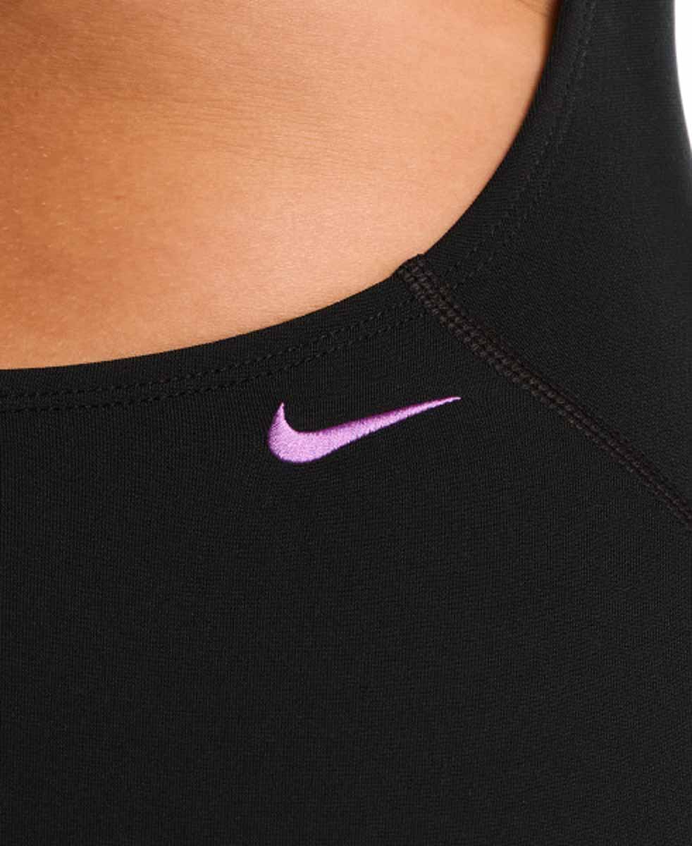 Nike Hydrastrong JDI logo graphic cursive racerback swimsuit in jet black and purple, featuring a low leg design and stylish branding.