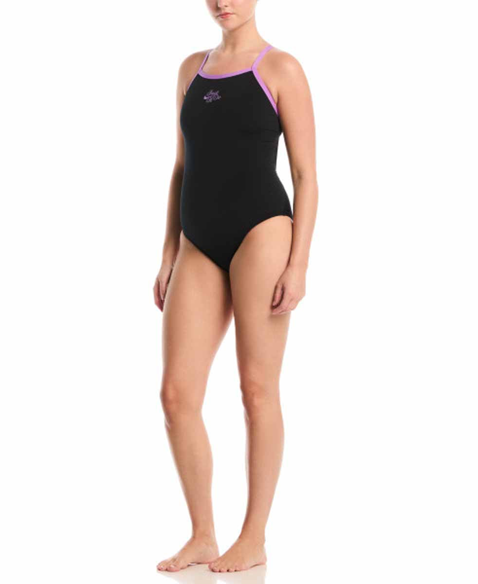 Nike Hydrastrong JDI Logo graphic racerback swimsuit in jet black and purple featuring a low leg design and cursive logo.