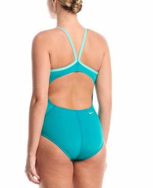 Nike Hydrastrong JDI logo graphic cursive racerback low leg one-piece swimsuit with energy print and supportive design.