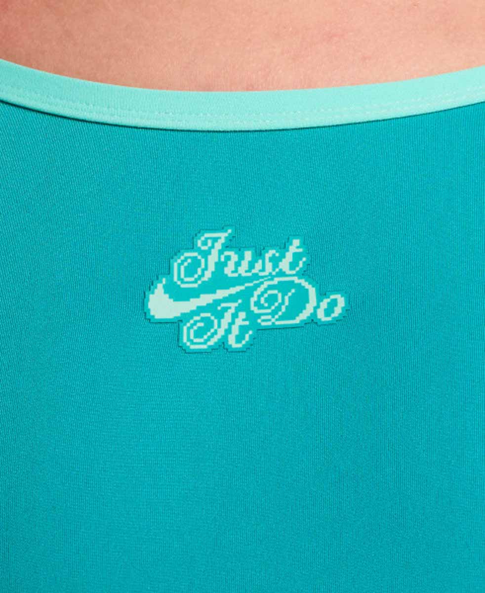 Nike Hydrastrong JDI logo graphic cursive racerback low-leg swimsuit in energy color, featuring a stylish Nike branding design.