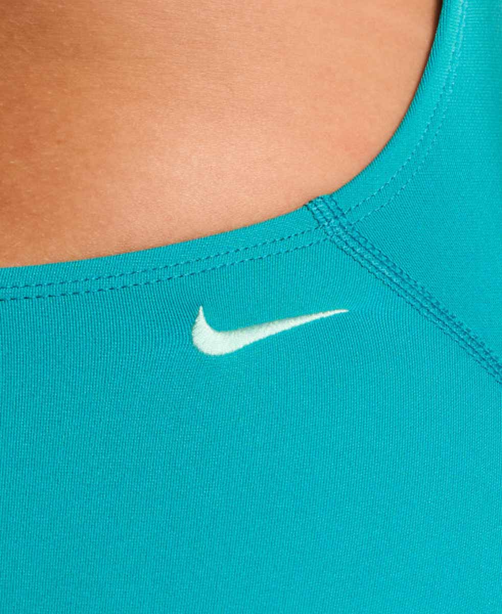 Nike Hydrastrong JDI Logo graphic racerback swimsuit with cursive design and low leg cut, in energy color.