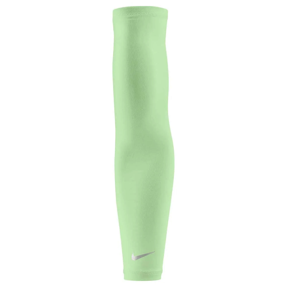 Nike Lightweight Sleeves 2.0 in Vapor Green and Silver, close-up of Nike arm sleeves showing breathable fabric and snug fit.