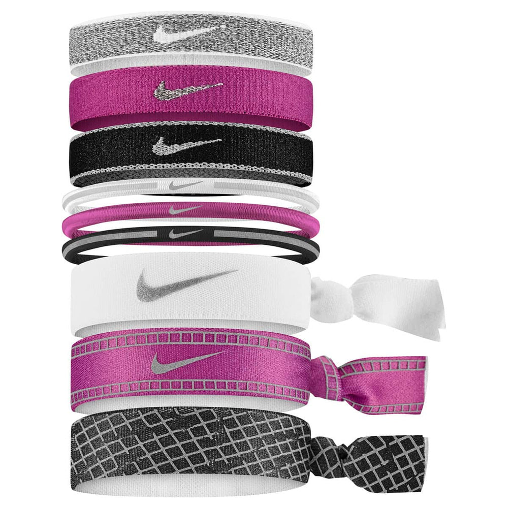 Nike Mixed Hairbands 9 Pack Reflective Graphic - White/Hot Fuchsia/Silver | Allens Of Kingsbury