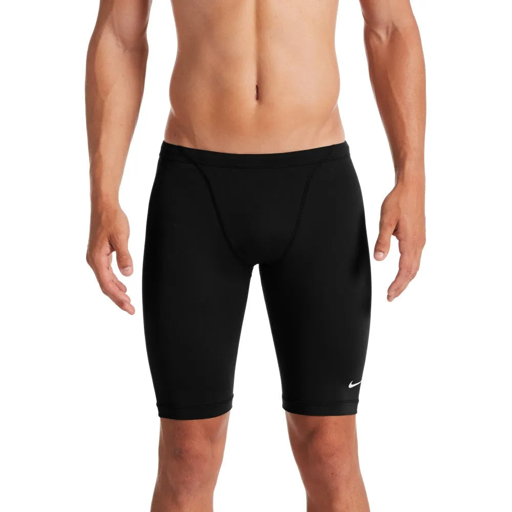 Black Nike men's Hydrastrong solid jammer swimming suit, designed for competitive swimming and water sports.