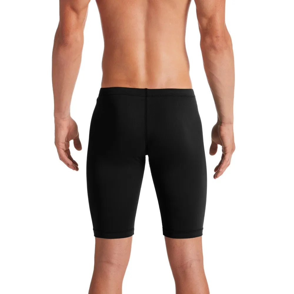 Nike men's Hydrastrong solid jammer in black, featuring a sleek swimwear design with elastic waistband and durable fabric.