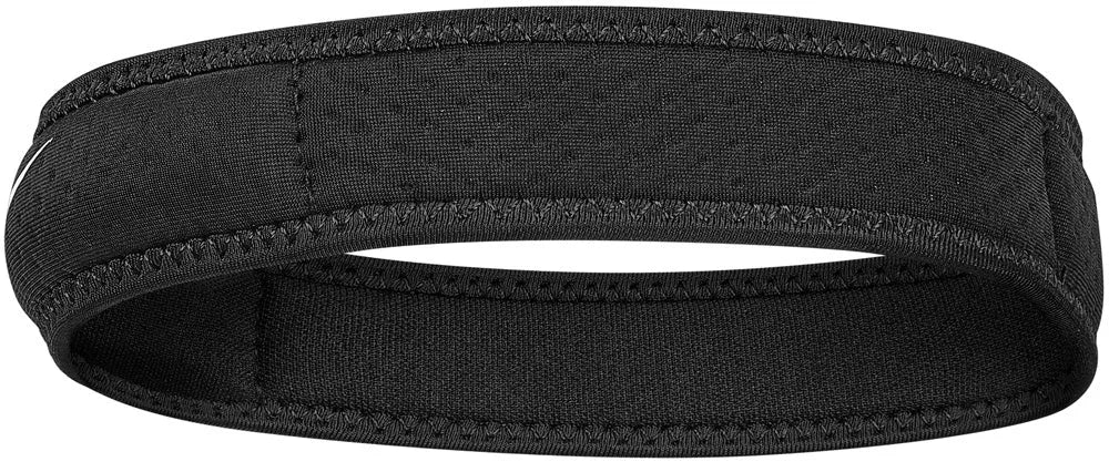 Black Nike Pro Patella Band 3.0 knee support showing adjustable strap and open patella design for stability and comfort.