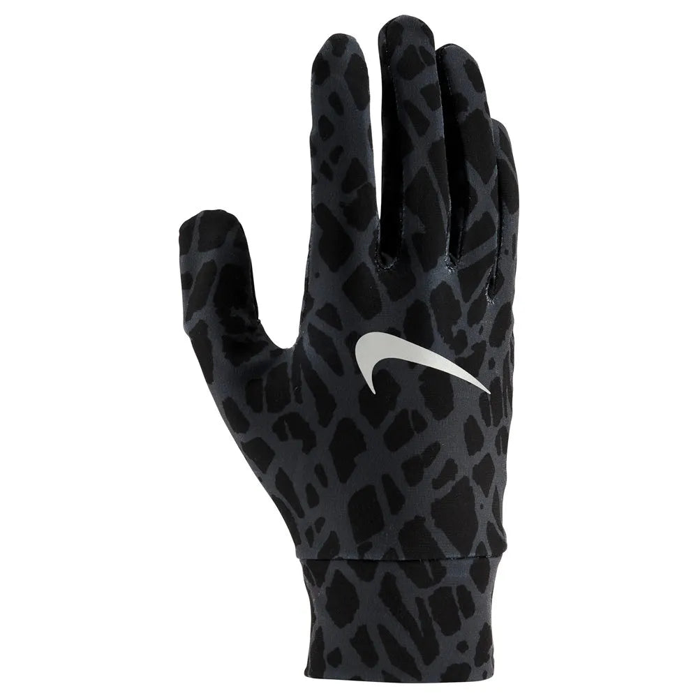 Black Nike men's lightweight tech running gloves with printed design, designed for comfort and performance during outdoor workouts.