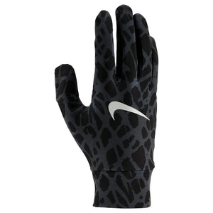 Black Nike men's lightweight tech running gloves with printed design, ideal for outdoor exercise and cold weather running.