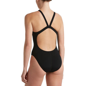 Nike women's Hydrastrong solid black one-piece swimsuit with fast-back design, ideal for swimming and water activities.