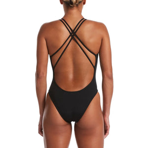 Nike women's black poly solid spider back one-piece swimsuit with a sleek, fitted design perfect for swimming and beach activities.