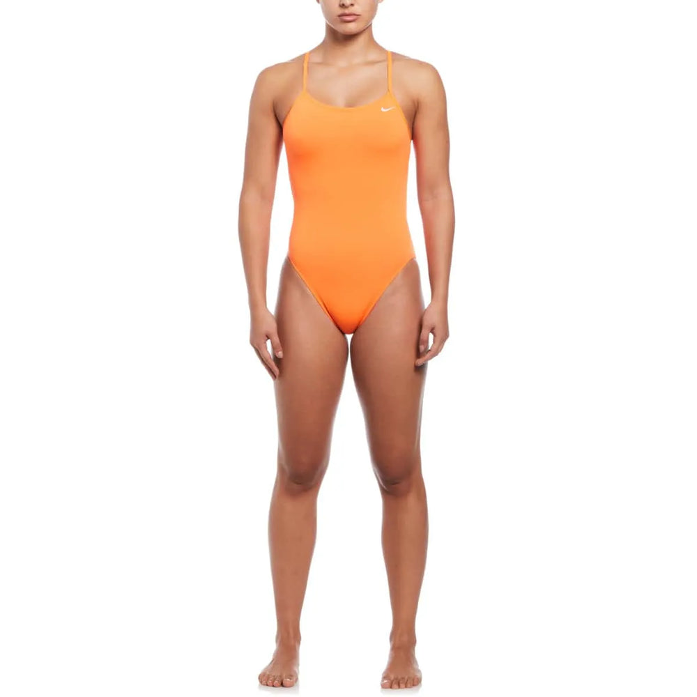 Orange Nike women's Hydrastrong solid cutout one-piece swimsuit with sleek design and supportive fit, perfect for swimming and beachwear.