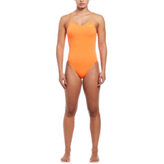 Orange Nike women's Hydrastrong solid cutout one-piece swimsuit with sleek design and supportive fit, perfect for swimming and beachwear.