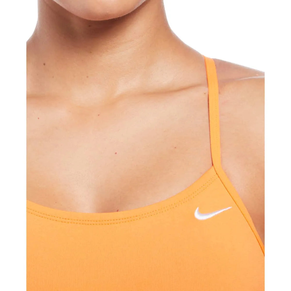 Nike women's Hydrastrong solid cutout one-piece swimsuit in orange, featuring a sleek and sporty design with cutout details.