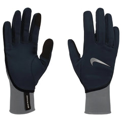 Nike women's Pacer midweight running gloves in black, smoke grey, and silver, designed for tech performance and warmth.