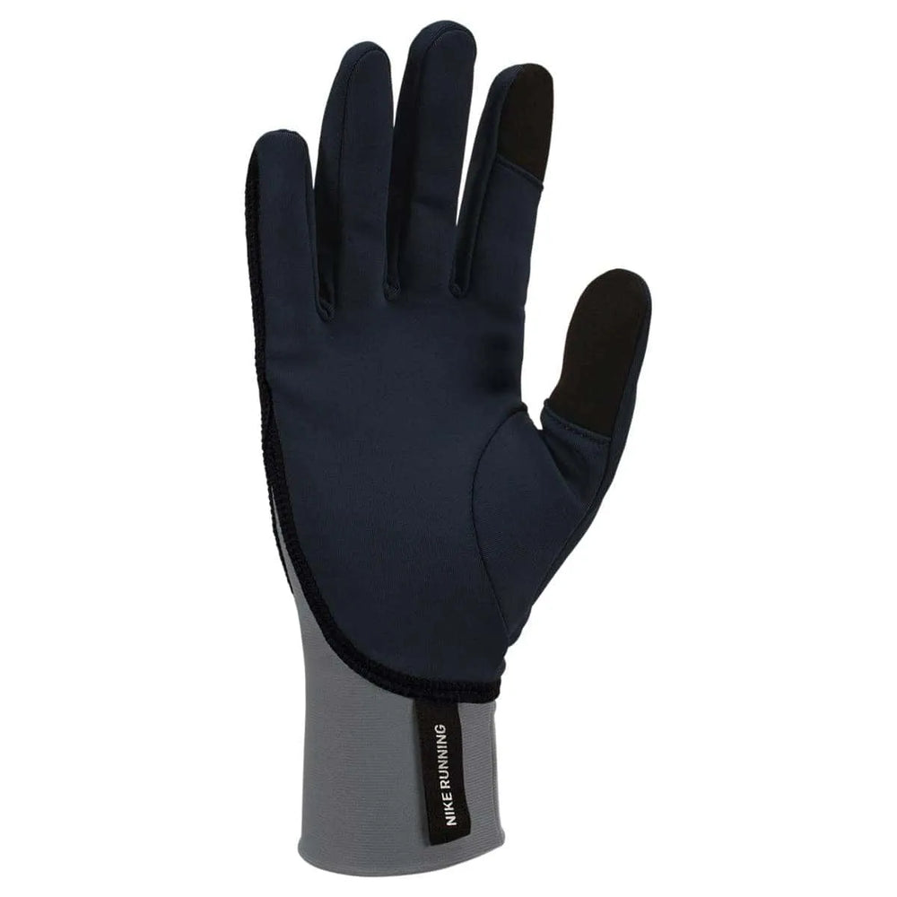 Nike women's Pacer midweight running gloves in black, smoke grey, and silver featuring tech gloves design for running comfort and warmth.