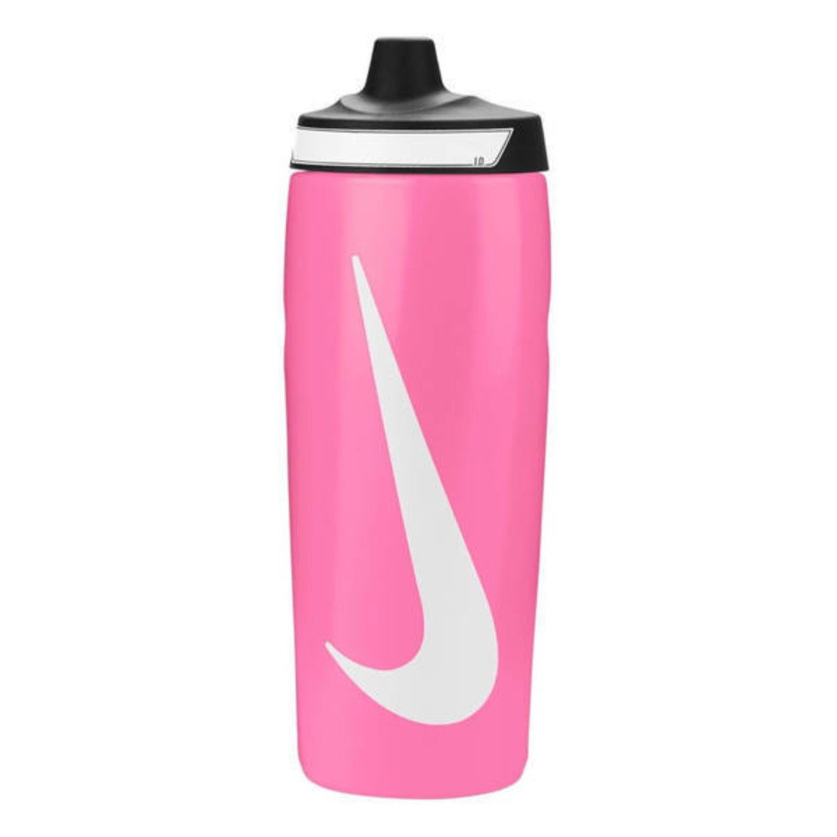 Nike Refuel Bottle Grip 18oz water bottle in Pink Glow, black, and white with textured grip for easy hydration during workouts.