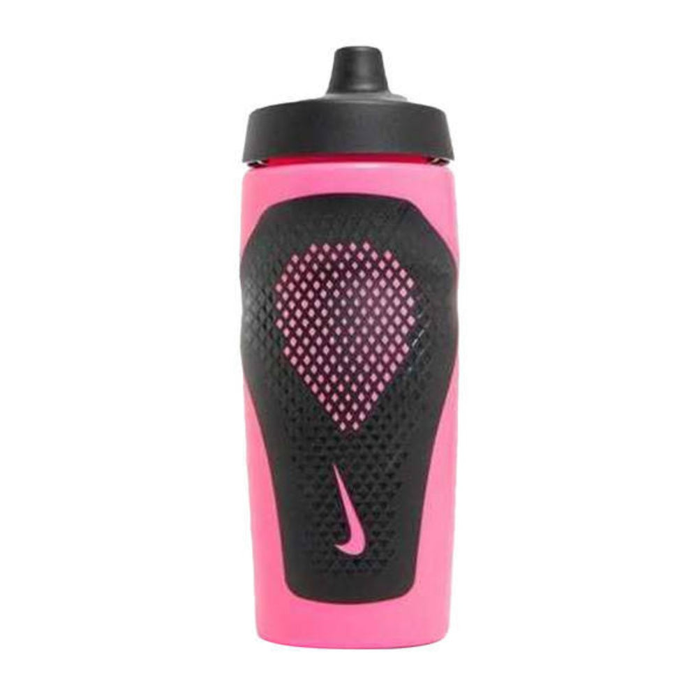 Nike Refuel Bottle Grip 18oz pink glow and black water bottle with a textured grip, designed for active hydration.