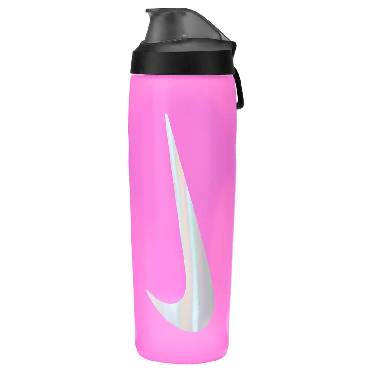 Nike Refuel 24oz water bottle with locking lid, pink spell design, black and silver iridescent accents, durable sports bottle