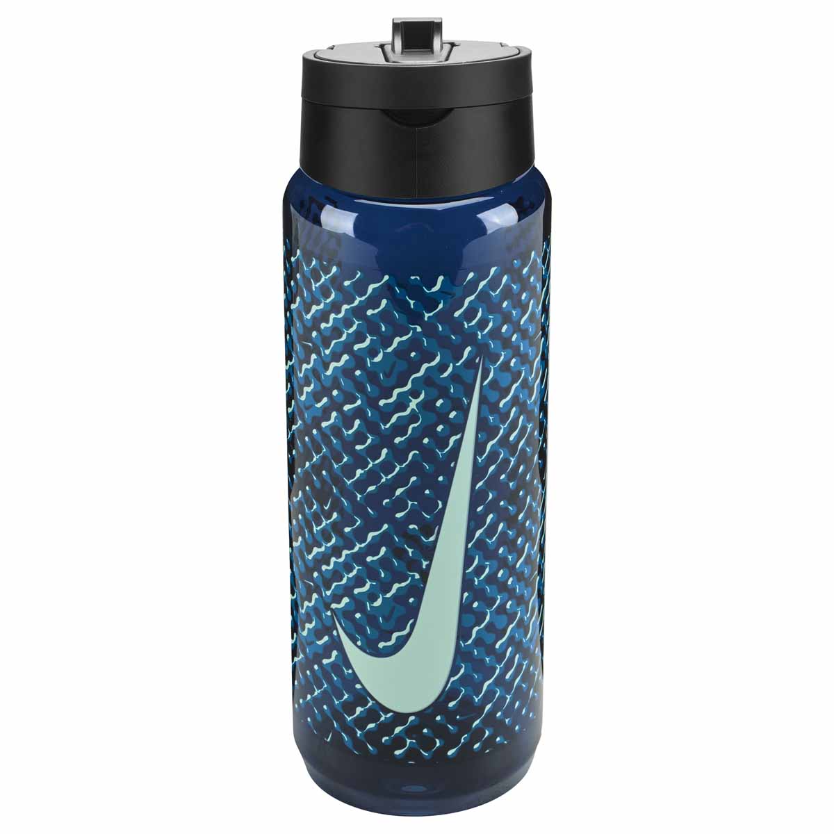Nike TR Renew Recharge 24oz water bottle with blue, black, green, and mint graphic design, featuring a straw for easy hydration.