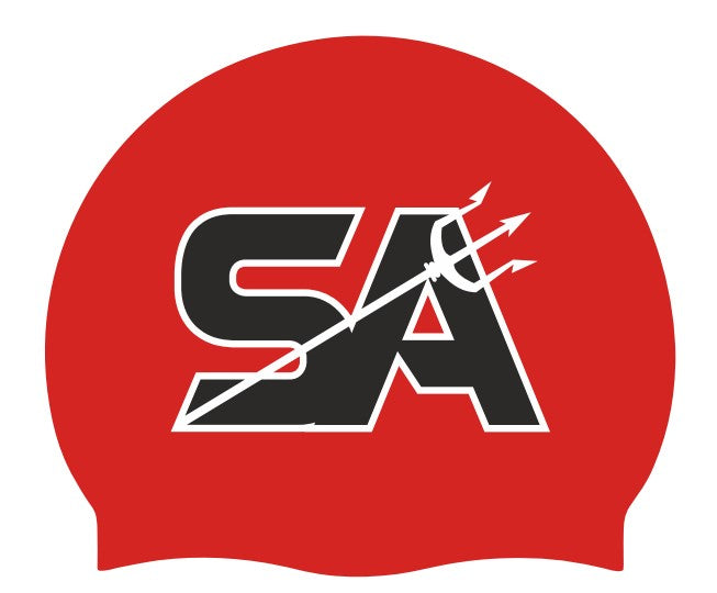 Red Sandwell Aquatics SC logo cap by Allens Swimwear, featuring a bold red cap with the Sandwell Aquatics logo only.
