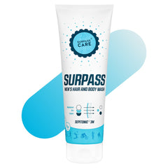 Surpass Care men's hair and body wash in white bottle, designed for self-care and recovery, with a clean, minimalist label.