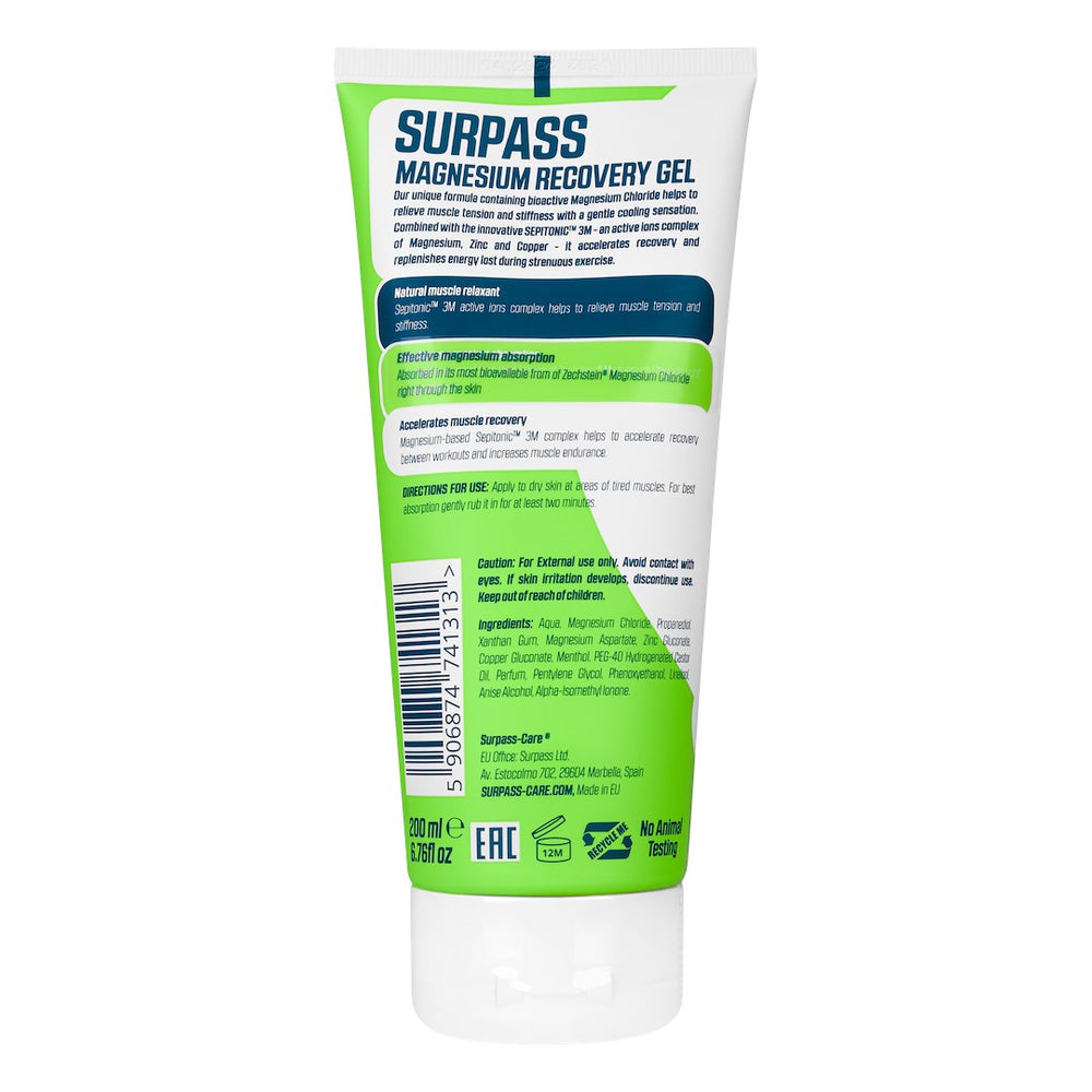White Surpass Care Magnesium Recovery Gel for self-care and muscle recovery, shown in a tube on a plain background.