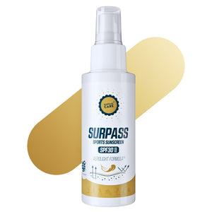 Surpass Care Surpass Sports Sunscreen SPF30 in white tube, ideal for self-care and recovery, with sun protection for active outdoor use.