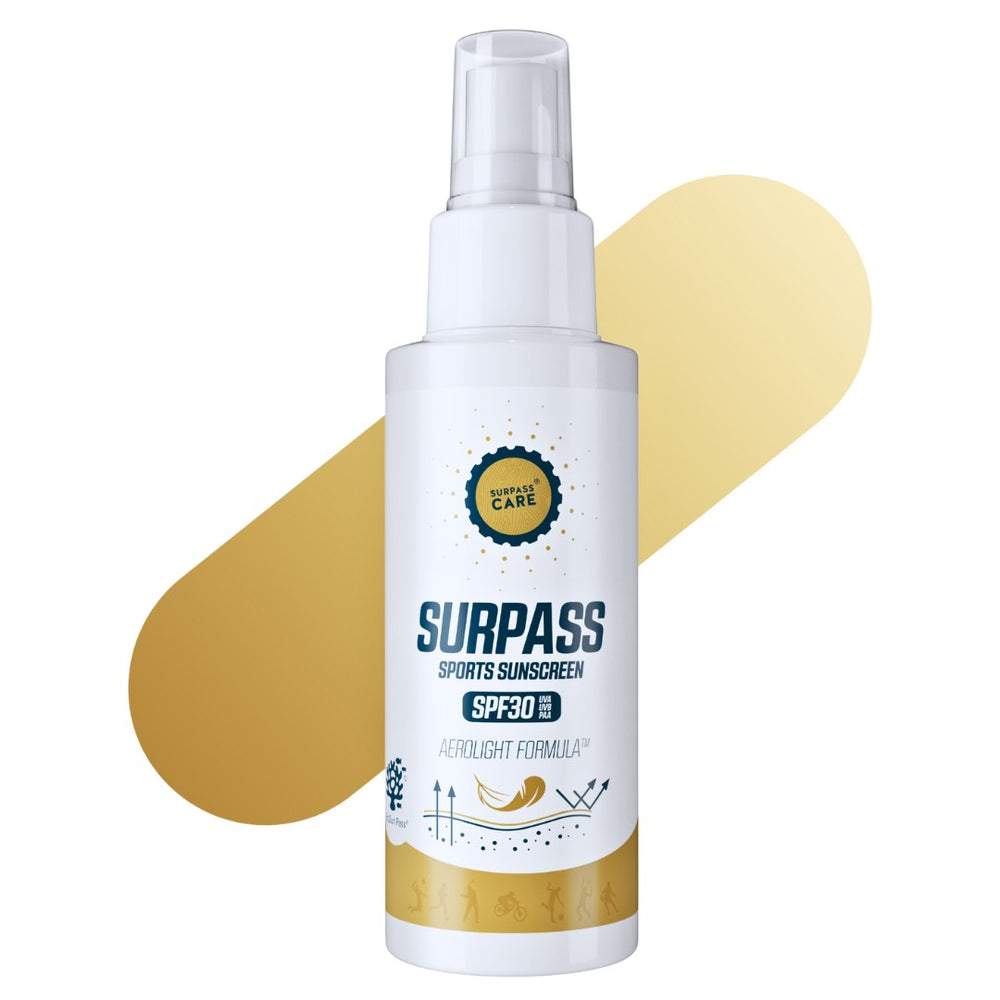 Surpass Care Surpass Sports Sunscreen SPF30 in white tube, ideal for self-care and recovery, with sun protection for active outdoor use.