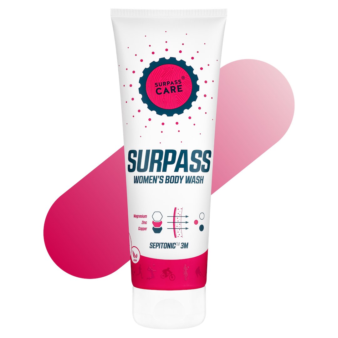Surpass Care Women's White Body Wash in a bottle, designed for self-care and recovery, with a clean, white liquid appearance.