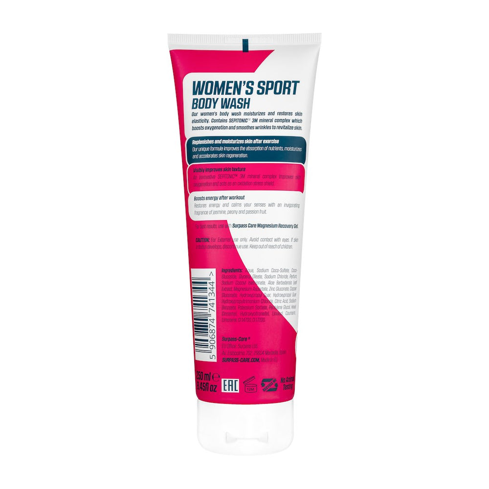 Surpass Care Women's Body Wash in white, featuring a sleek bottle design for self-care and skin recovery.