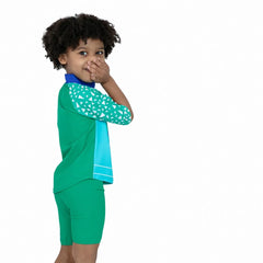 Speedo Corey Croc green swim top and short set for kids, lightweight rash guard and shorts for swimming and water activities.