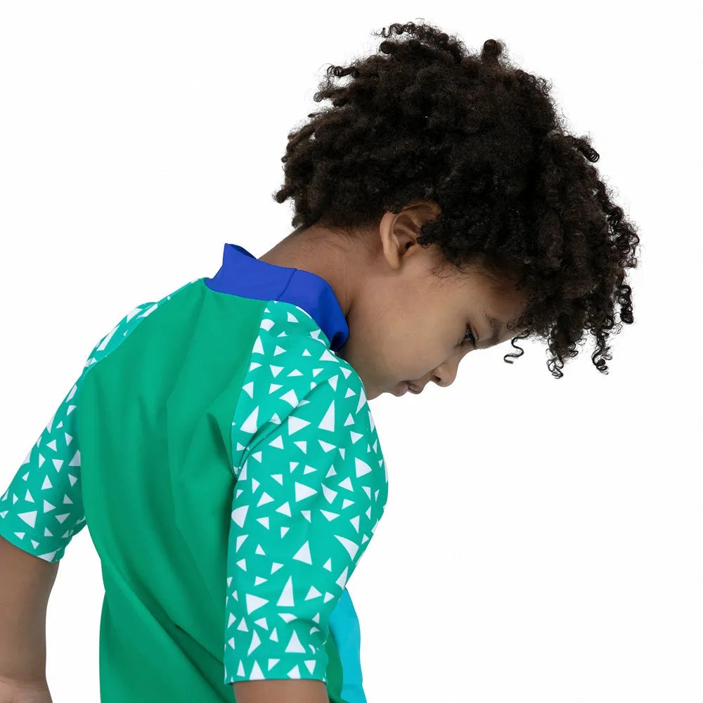Speedo Corey Croc green swim top and shorts set for kids, featuring rash guard style for sun protection and comfort.