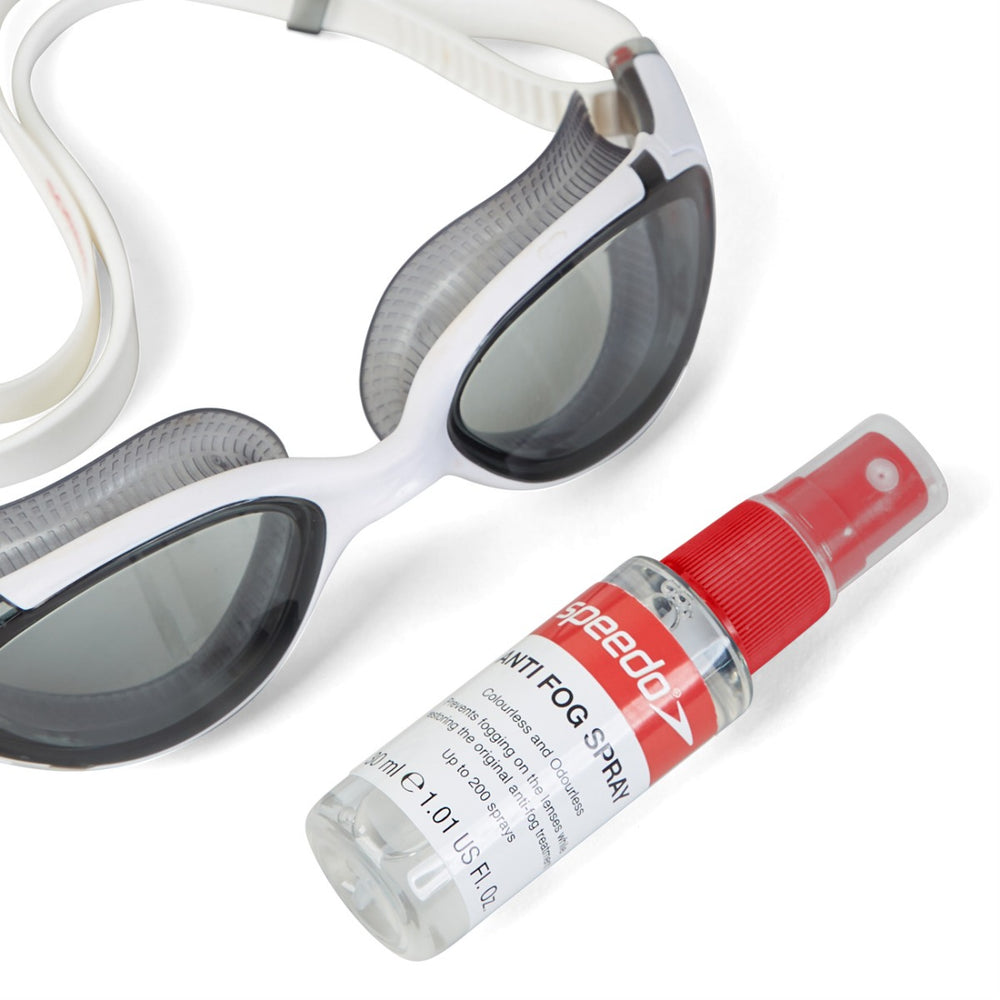 Speedo Anti Fog Spray in clear bottle, designed to prevent fogging on goggles and masks for clear vision during swimming.