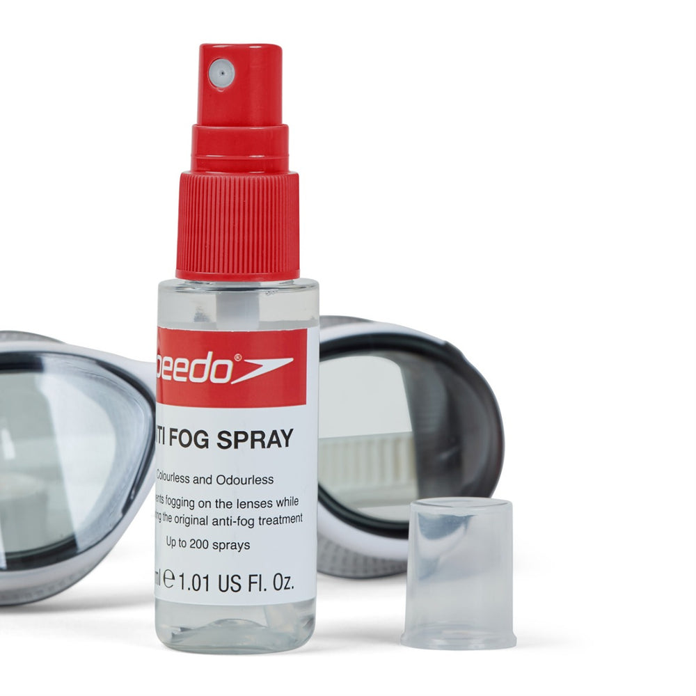 Speedo Anti Fog Spray in clear bottle, designed to prevent fogging on goggles and glasses for clear vision during swimming.
