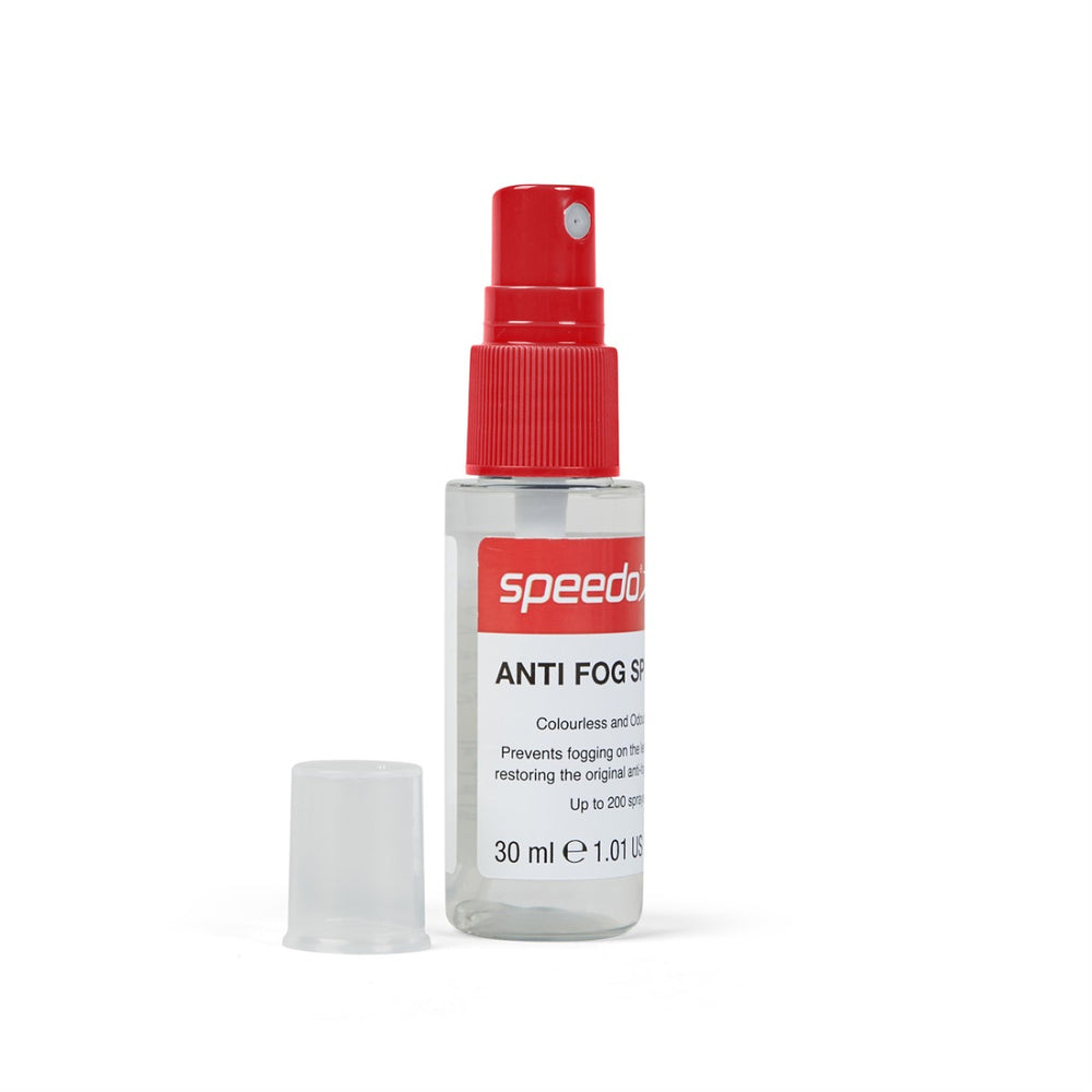 Speedo Anti Fog Spray in clear bottle, designed to prevent foggy lenses on goggles and eyewear for clear vision.
