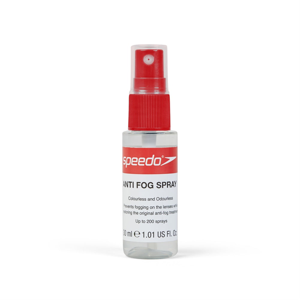 Speedo anti-fog spray in clear bottle, designed to prevent fogging on swim goggles or masks.