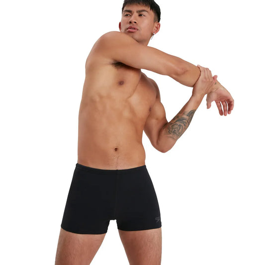 Black Speedo men's Eco Endurance+ aquashorts, close-up image showing durable swimwear fabric and sleek fit. 1000