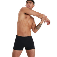 Black Speedo men's Eco Endurance+ aquashorts, close-up image showing durable swimwear fabric and sleek fit.