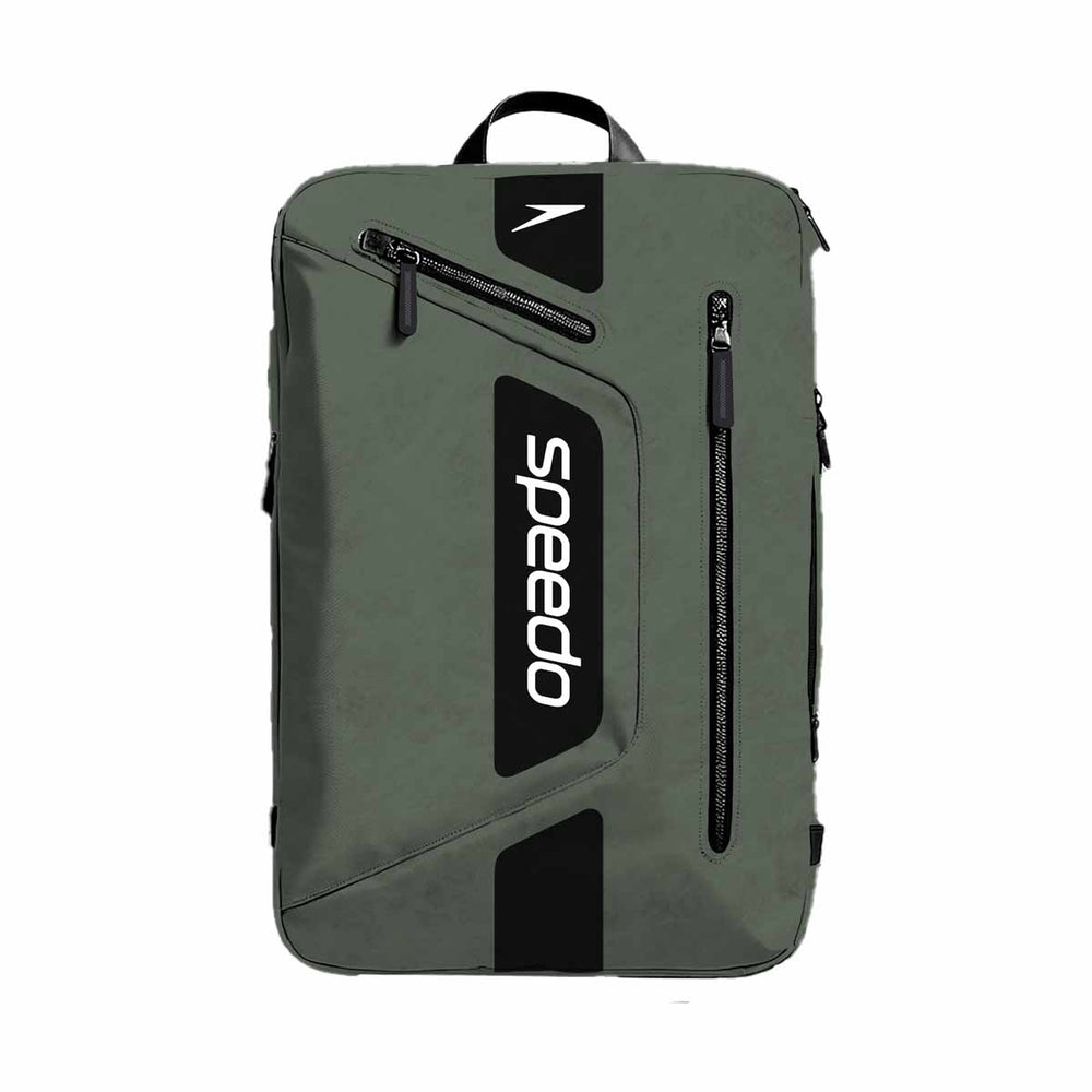 Green Speedo 25L Flex Bag backpack with adjustable straps and multiple compartments for sports and swimming gear.