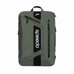 Green Speedo 25L Flex Bag backpack with adjustable straps and multiple compartments for sports and swimming gear.