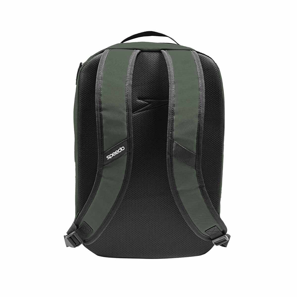 Green Speedo 25L Flex Bag backpack with adjustable straps and multiple compartments for sports and swim gear storage.