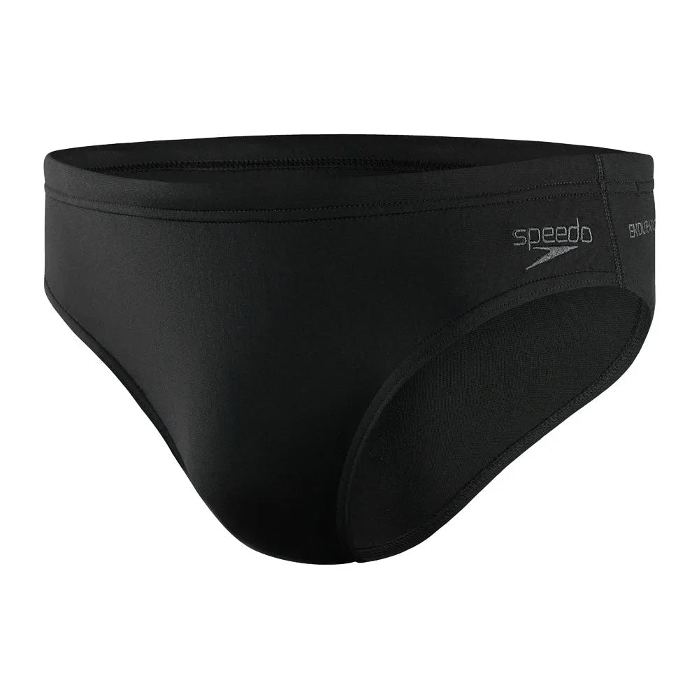 Black Speedo Eco men's Endurance+ 7cm briefs, close-up view showing the snug fit and durable fabric for swimming.