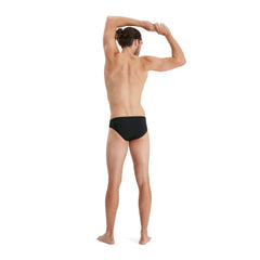 Black Speedo Eco men's Endurance+ 7cm briefs with a snug fit and durable fabric, designed for comfortable swimming.