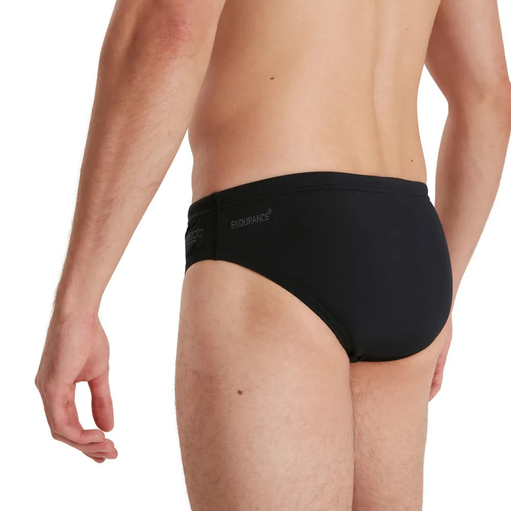 Black Speedo Eco men's Endurance+ 7cm brief, tight-fitting swimwear with a comfortable, durable fabric design.